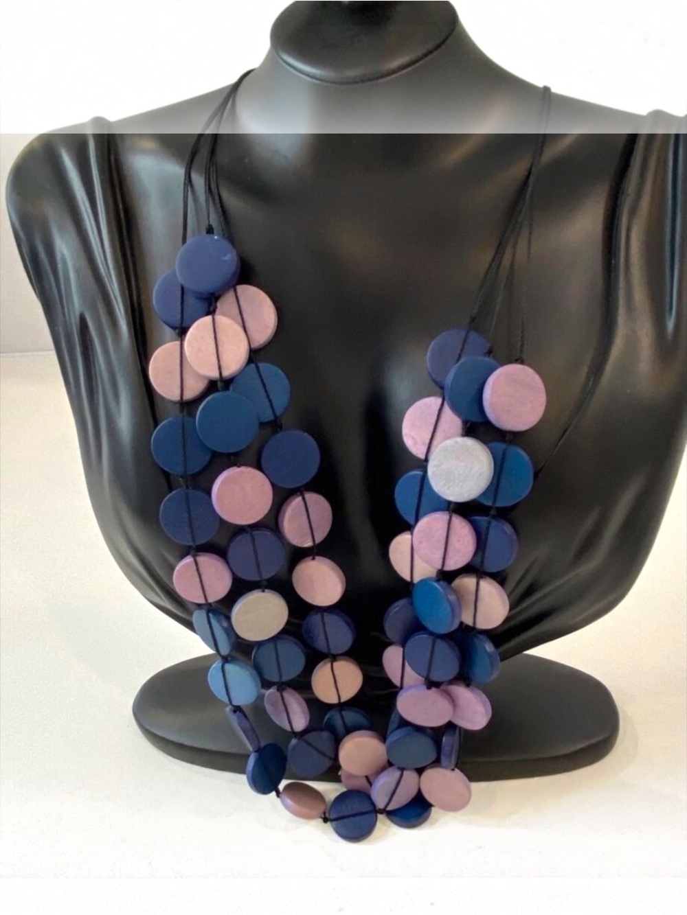 Caracol Multi-Strand Necklace With Purple & Blue Wooden Beads Adjustable Clasp
